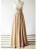 Champagne Chiffon Ivory Lace Maxi Prom Dress